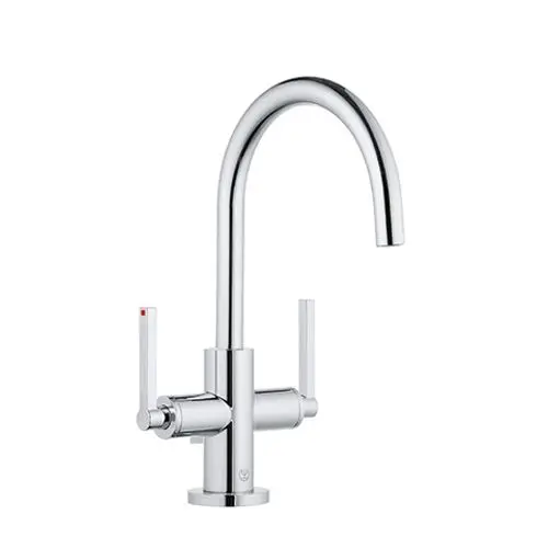 Waschtischarmatur von Kludi mit einer hohen, gebogenen Ausführung und zwei Hebeln für die Wasserregelung. Oberfläche in Chromoptik. Einlochmontage.